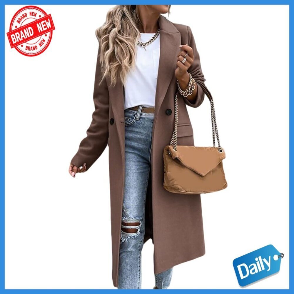 Long Wool Pea Coat with Notch Lapel, Below Knee Length, Classic Style
